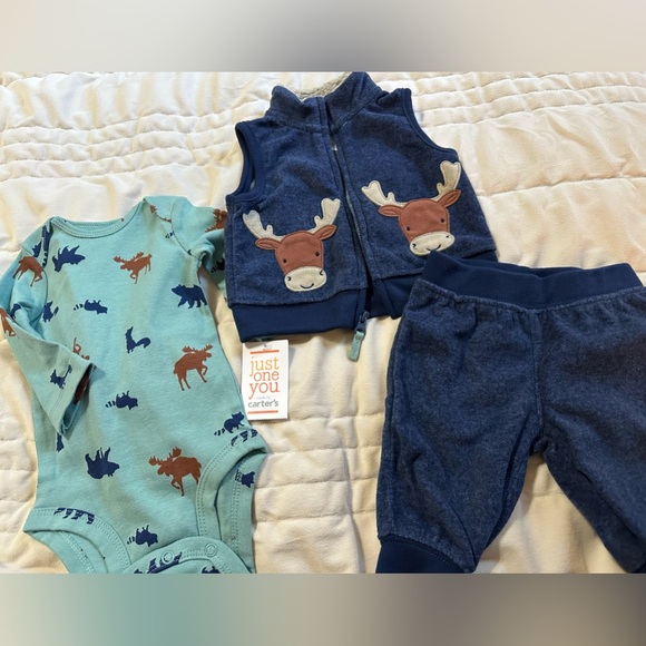 CARTER’S Just One You 🩵Baby Boy Deer 3 Piece Outfit, NWT - Picture 7 of 8
